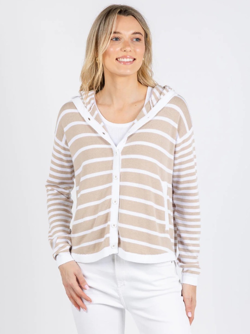 Zaket and plover Tyana Multi Stripe Hooded Button Cardigan‎ - Beige & White M